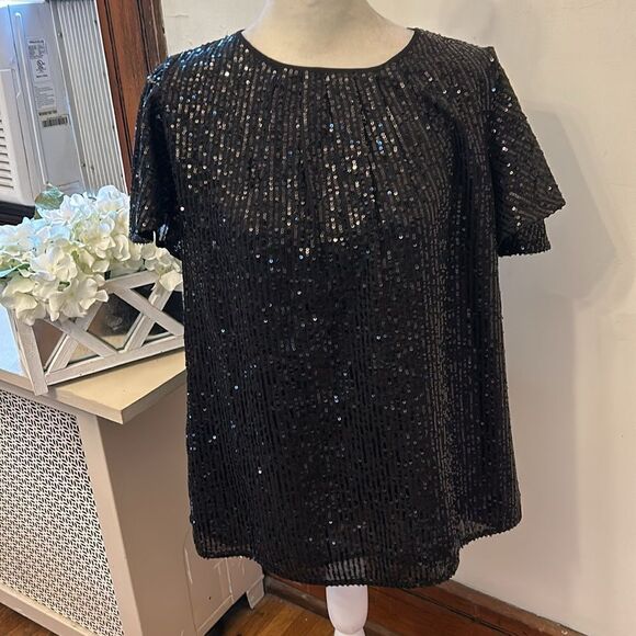 Michael Michael Kors black sequined short sleeve blouse Size M New - Picture 10 of 11